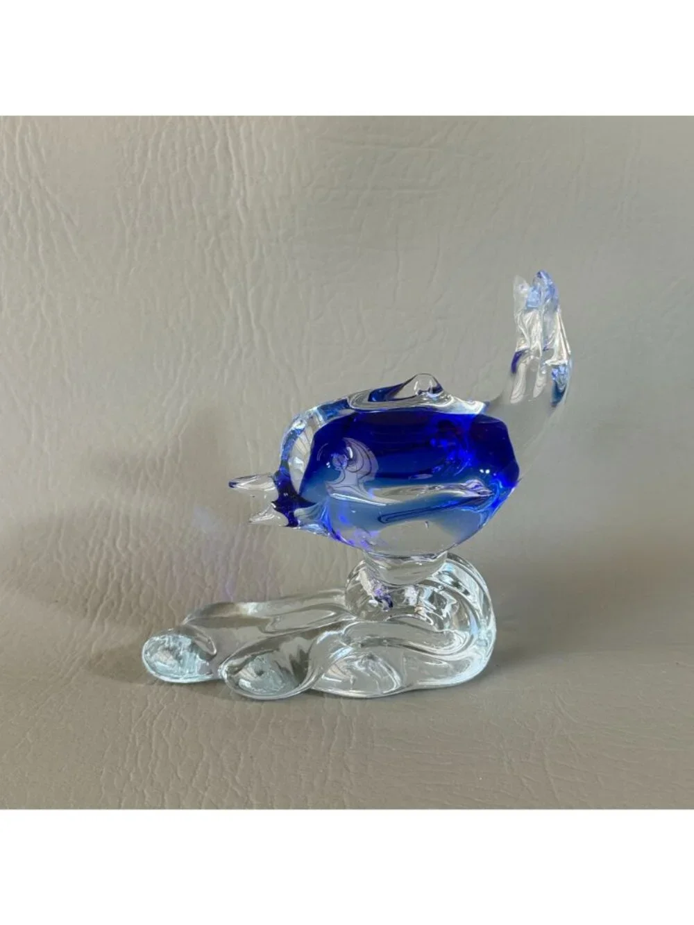 Retro Cobalt Blue Encased Glass Dolphin Figurine Abstract Wave Paperweight